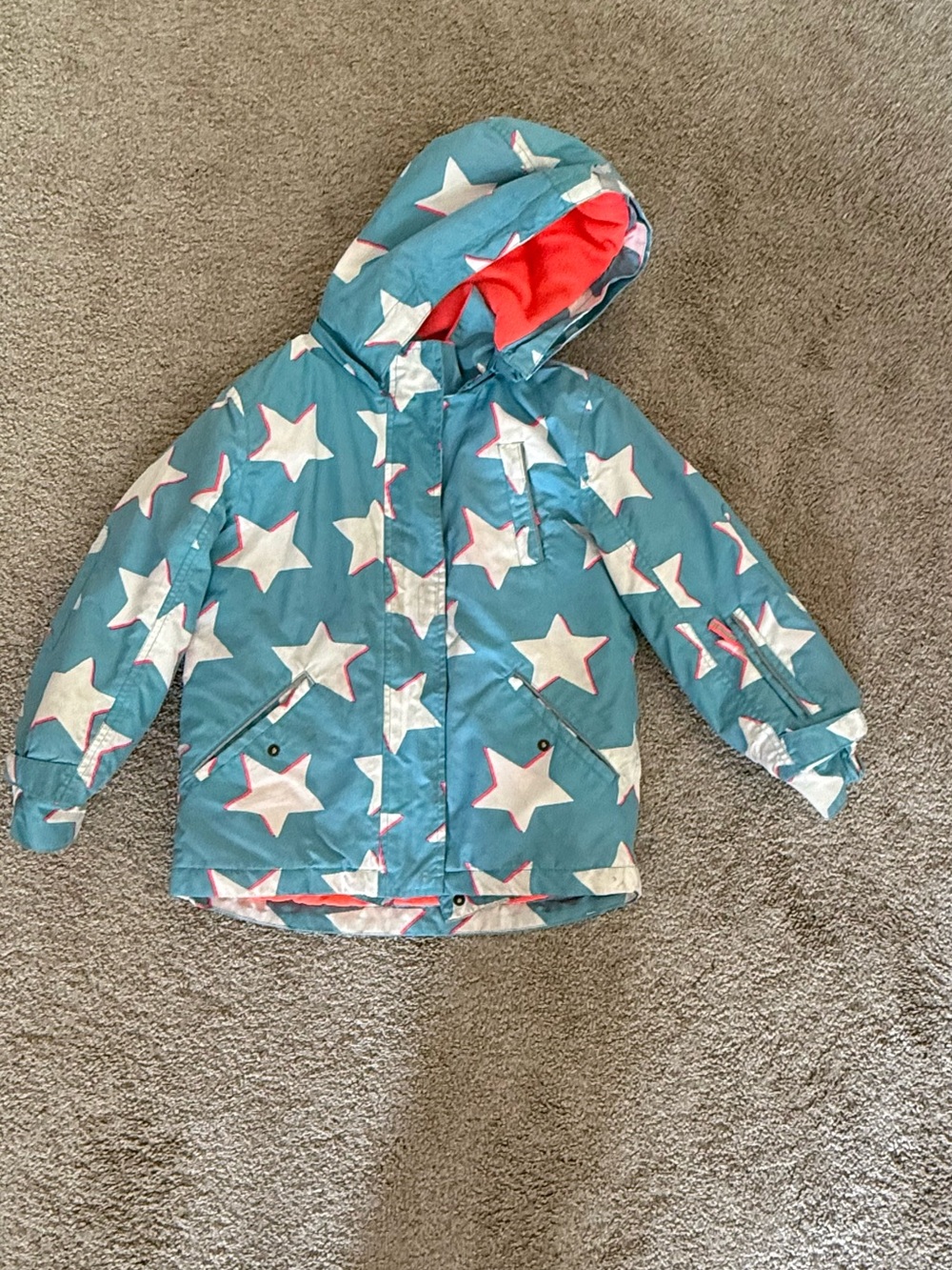 Boden Teal Star-Print Hooded Puffer Jacket with Coral Lining